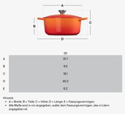 Gourmet Bräter 30cm in Ofenrot, seitliche Ansicht mit Deckel und Griffen, Maße in cm: Breite 31.7, Tiefe 9.5, Höhe 16.1, Länge 40.2, Fassungsvermögen 6.2 Liter.