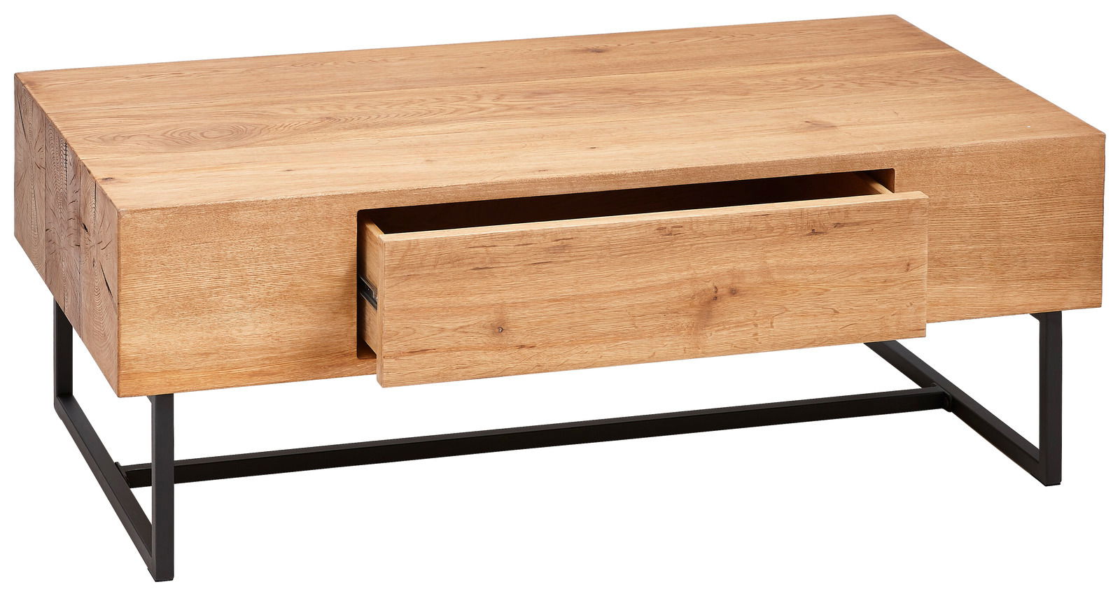 Moderner Couchtisch aus Holz mit Schublade, seitliche Perspektive