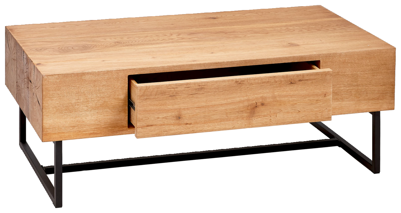 Moderner Couchtisch aus Holz mit Schublade, seitliche Perspektive