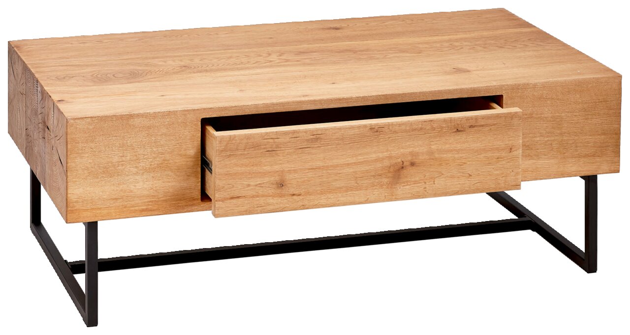 Moderner Couchtisch aus Holz mit Schublade, seitliche Perspektive