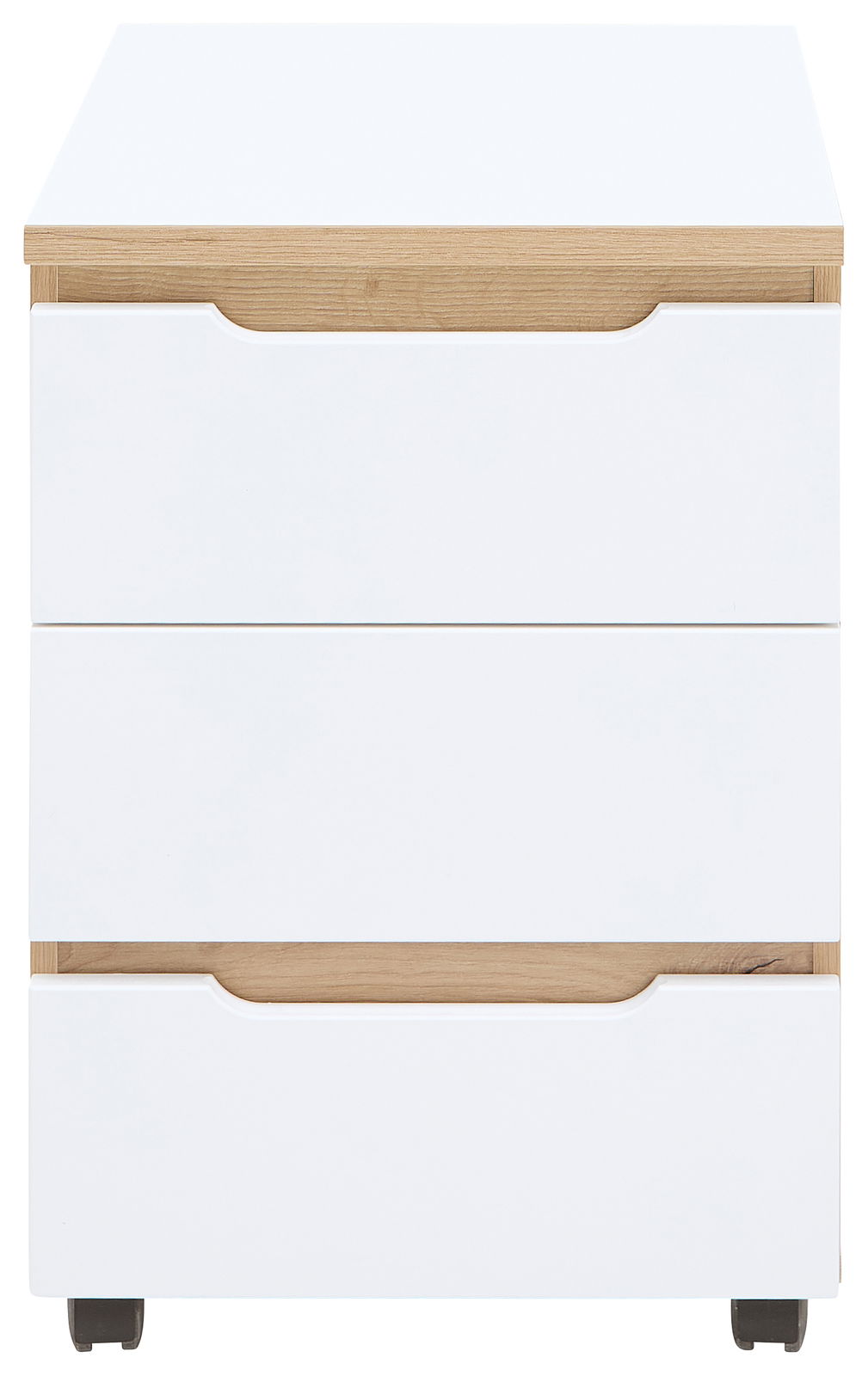 Rollcontainer mit zwei Schubladen in Weiß und Holzoptik, Vorderansicht