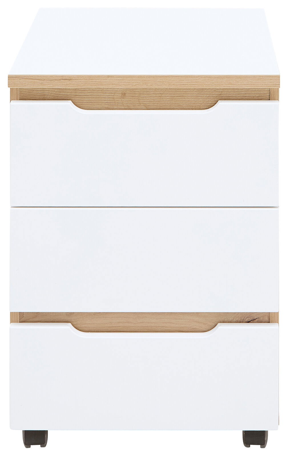 Rollcontainer mit zwei Schubladen in Weiß und Holzoptik, Vorderansicht