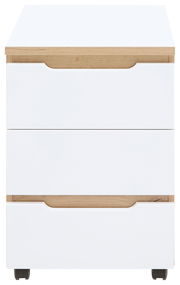 Rollcontainer mit zwei Schubladen in Weiß und Holzoptik, Vorderansicht
