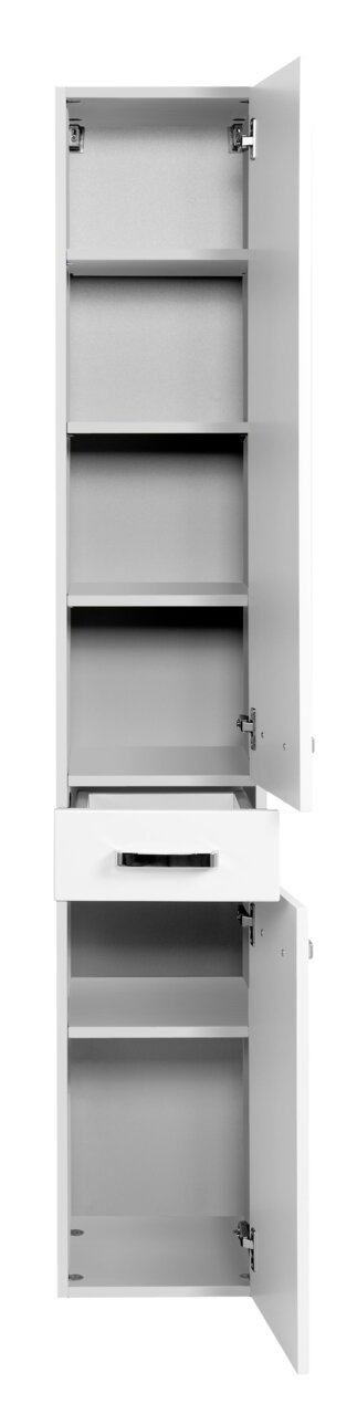 Hochschrank mit mehreren Fächern und einer Schublade, Türen geöffnet, Frontalansicht