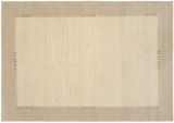 Beige Wollteppich mit schlichtem Design und dezenten Streifen an den Rändern, Draufsicht.