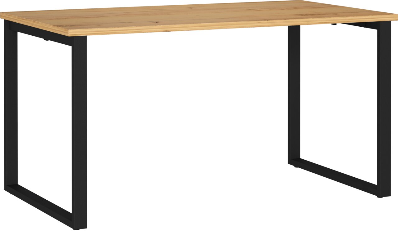 Moderner rechteckiger Tisch mit heller Holzplatte und schwarzen Metall-Kufenbeinen, freigestellt auf weißem Hintergrund, in schräger Frontansicht von oben