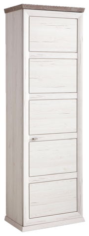 Hochformatiger Garderobenschrank aus der Serie Camron/Benton mit heller Holzoptik und mehreren Türen, seitliche Perspektive.