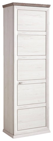 Hochformatiger Garderobenschrank aus der Serie Camron/Benton mit heller Holzoptik und mehreren Türen, seitliche Perspektive.