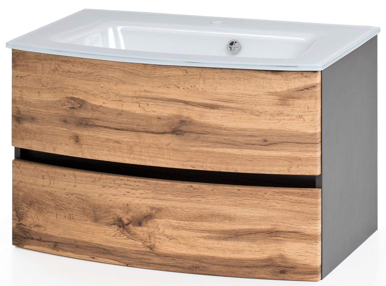 Waschtisch-Set mit Holzoptik und weißem Waschbecken, seitliche Perspektive