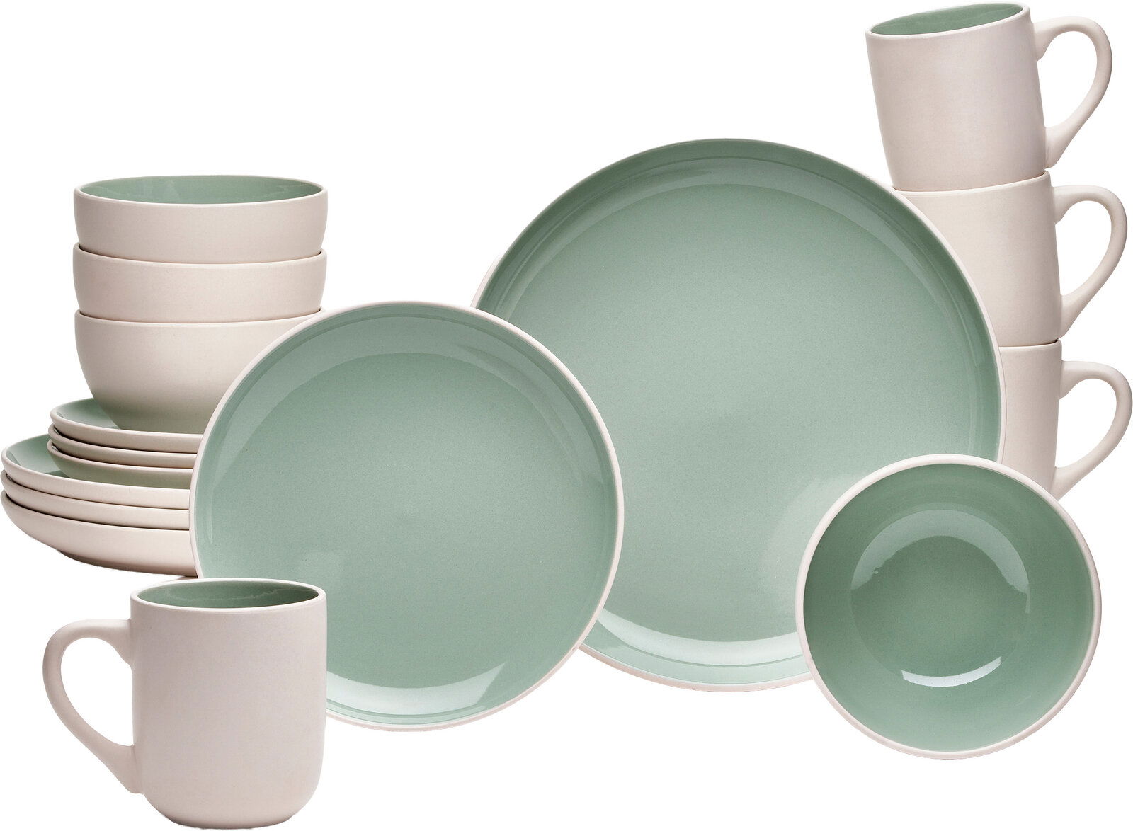 Kombiservice 16-teilig in sanftem Grün und Creme, bestehend aus Tellern, Schalen und Tassen, aus seitlicher Perspektive fotografiert.