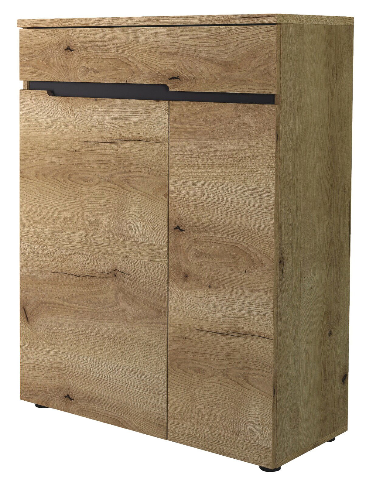 Schuhschrank aus Holz in Eichenoptik, seitliche Perspektive