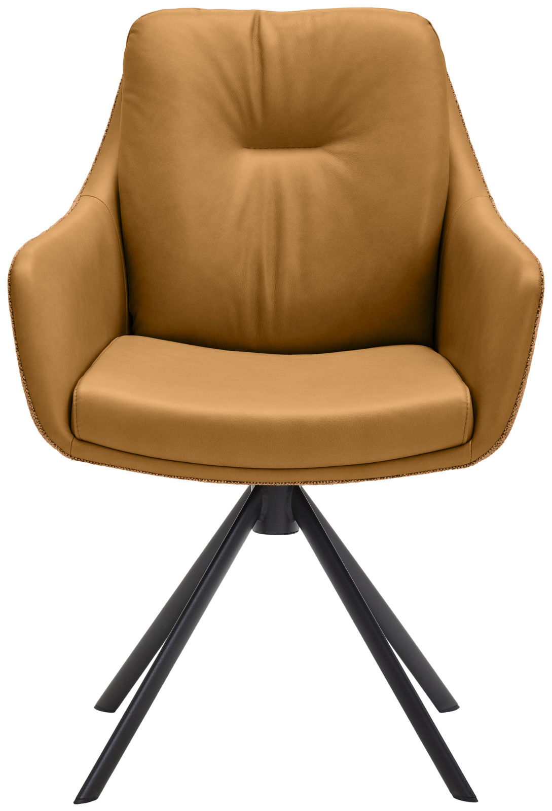 Moderner Armlehnstuhl in braunem Leder mit schwarzem Metallgestell, Frontalansicht