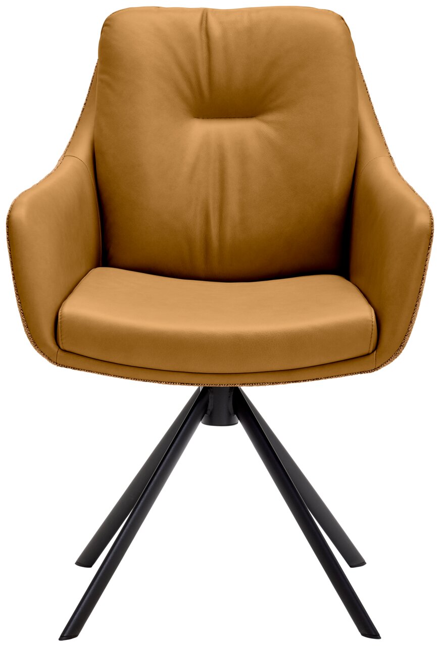 Moderner Armlehnstuhl in braunem Leder mit schwarzem Metallgestell, Frontalansicht