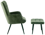 Grüner Sessel mit Hocker, seitliche Perspektive