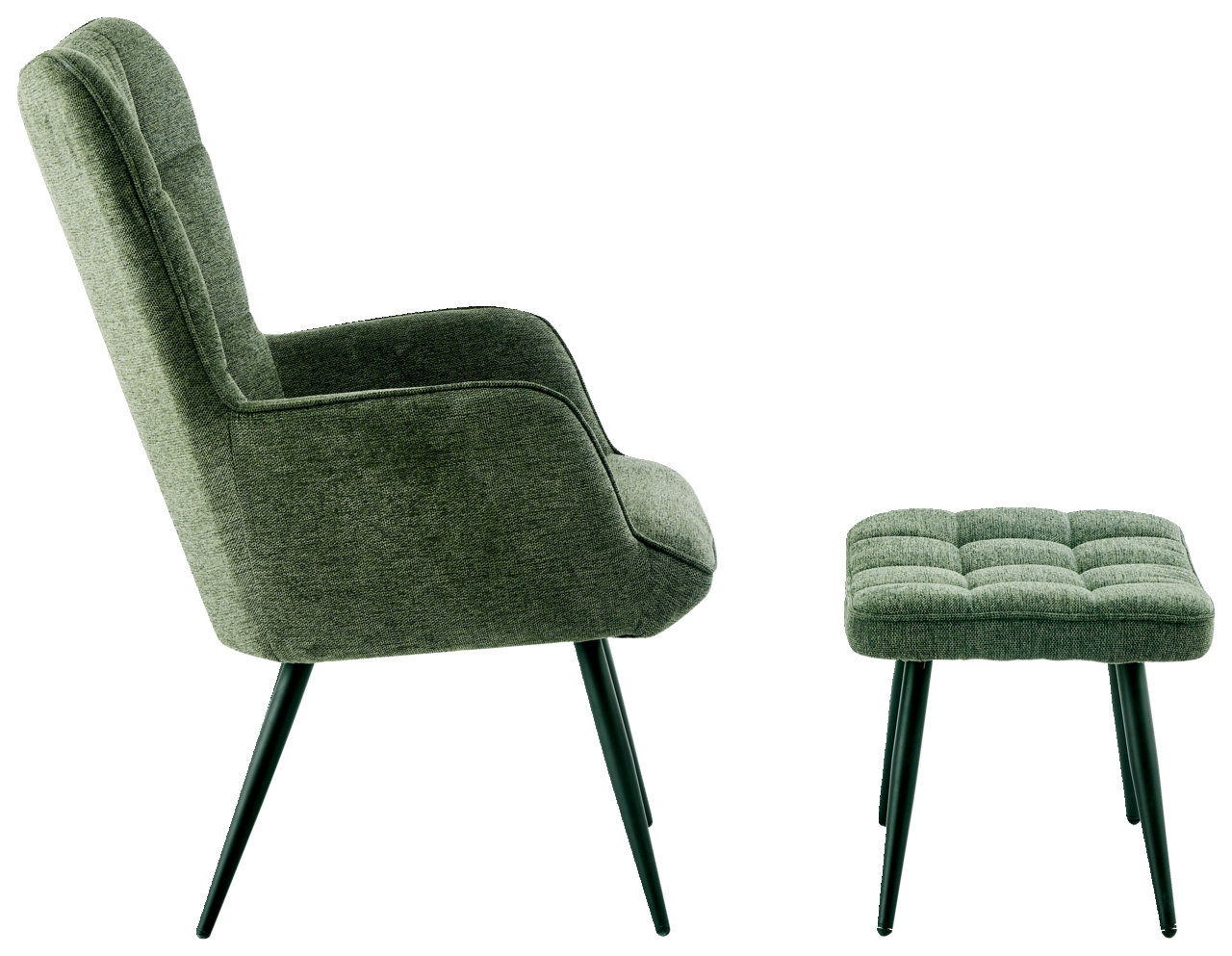 Grüner Sessel mit Hocker, seitliche Perspektive