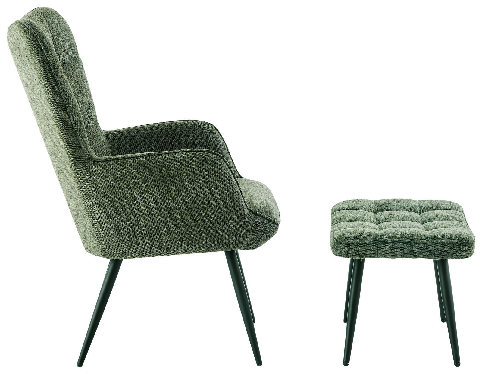 Grüner Sessel mit Hocker, seitliche Perspektive