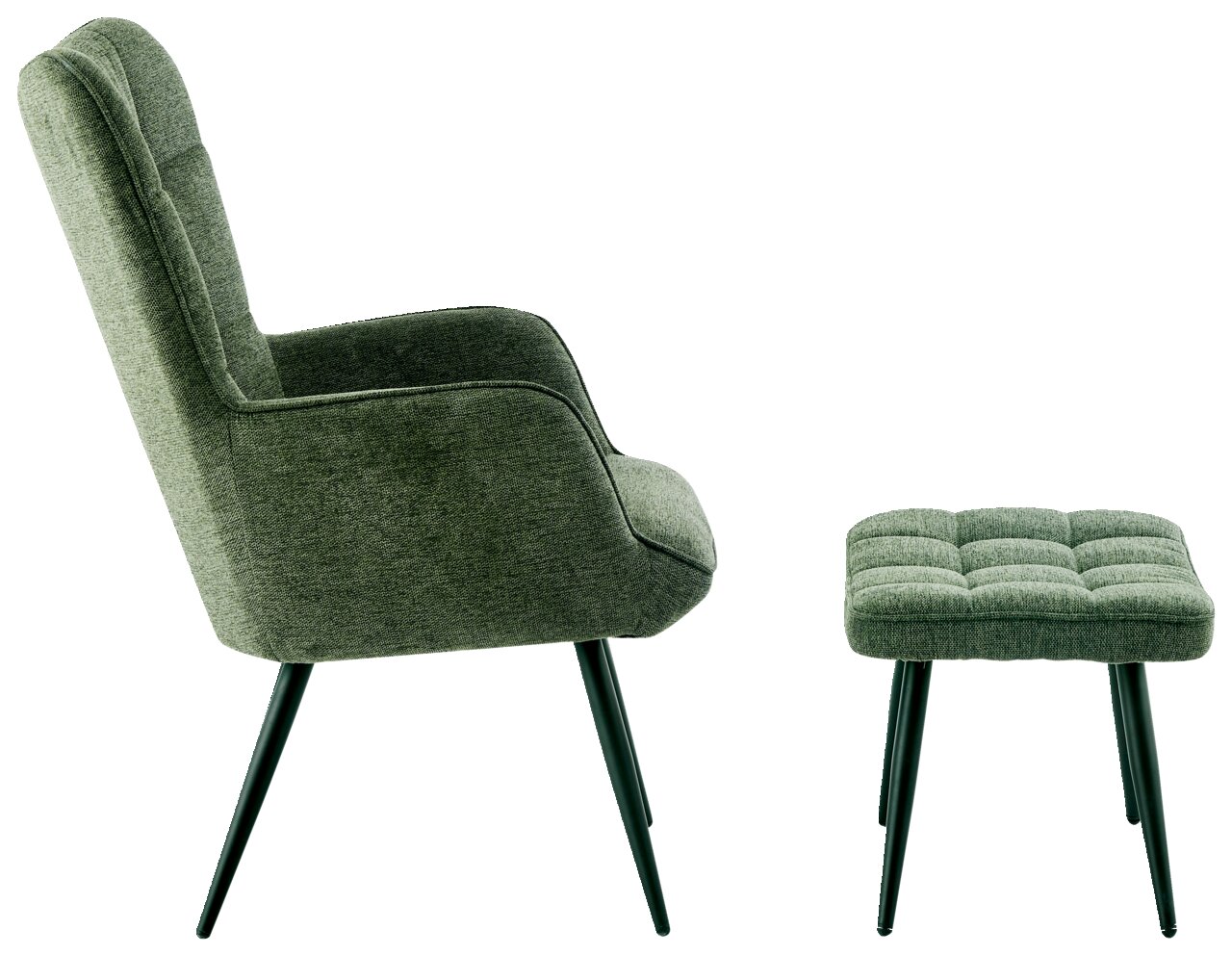 Groene fauteuil met bijzetkruk, zijaanzicht