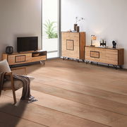 Wohnzimmer mit modernem TV-Lowboard, Sideboard und Highboard aus Holz, seitliche Perspektive
