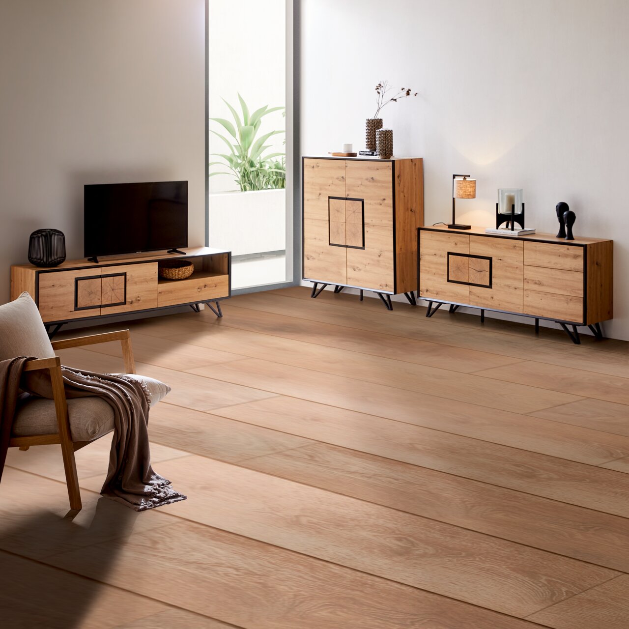 XORA Highboard NOVA Wohnzimmer mit modernem TV-Lowboard, Sideboard und Highboard aus Holz, seitliche Perspektive