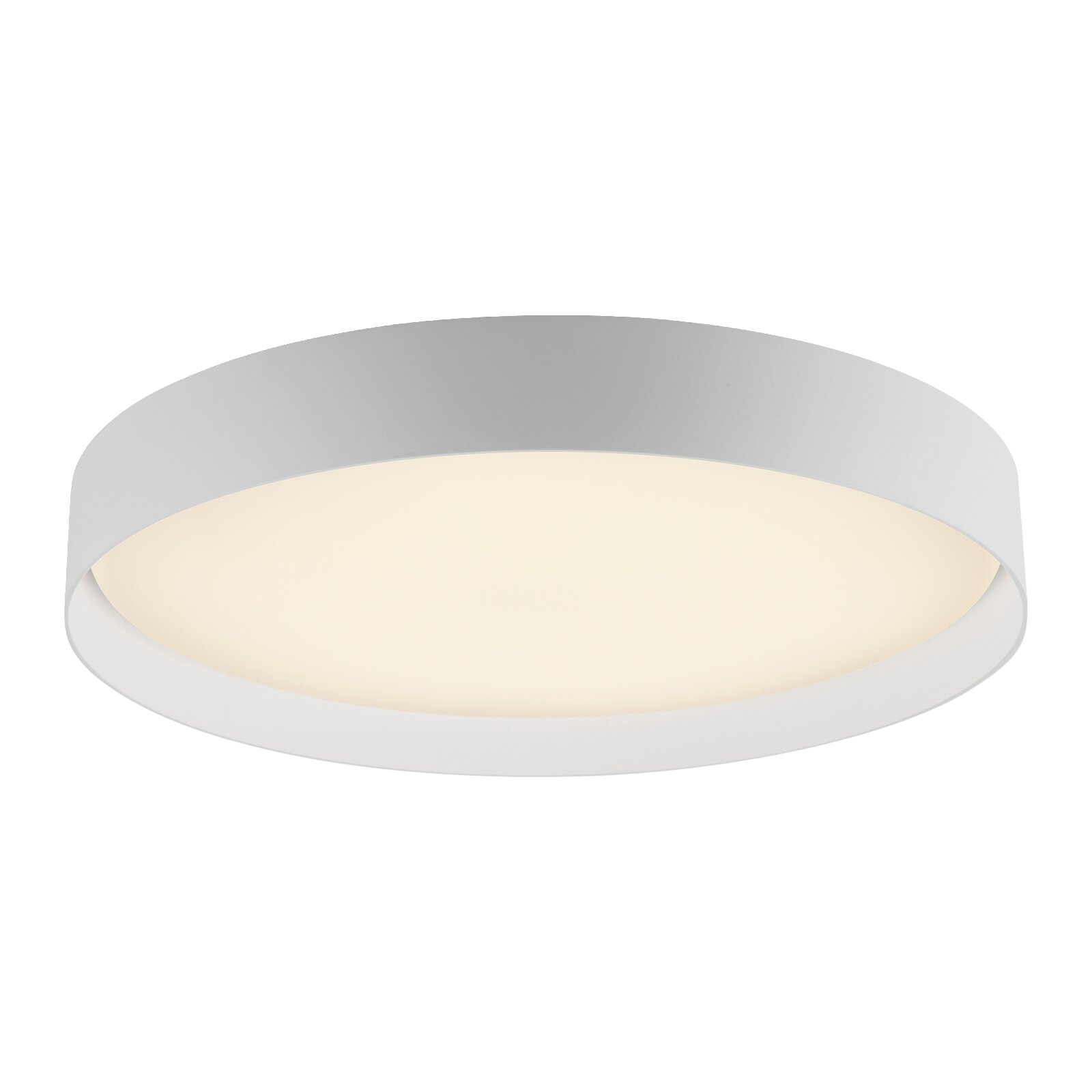 Runde, flache LED-Deckenleuchte in Weiß mit opalem Diffusor, Produktansicht leicht von unten in Frontperspektive