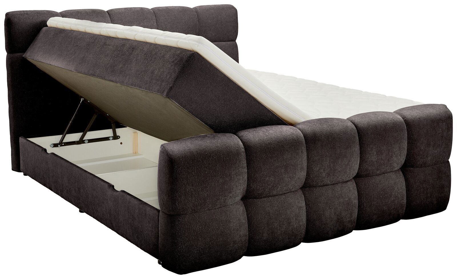 Boxbett mit hochgeklappter Matratze und Stauraum, seitliche Perspektive