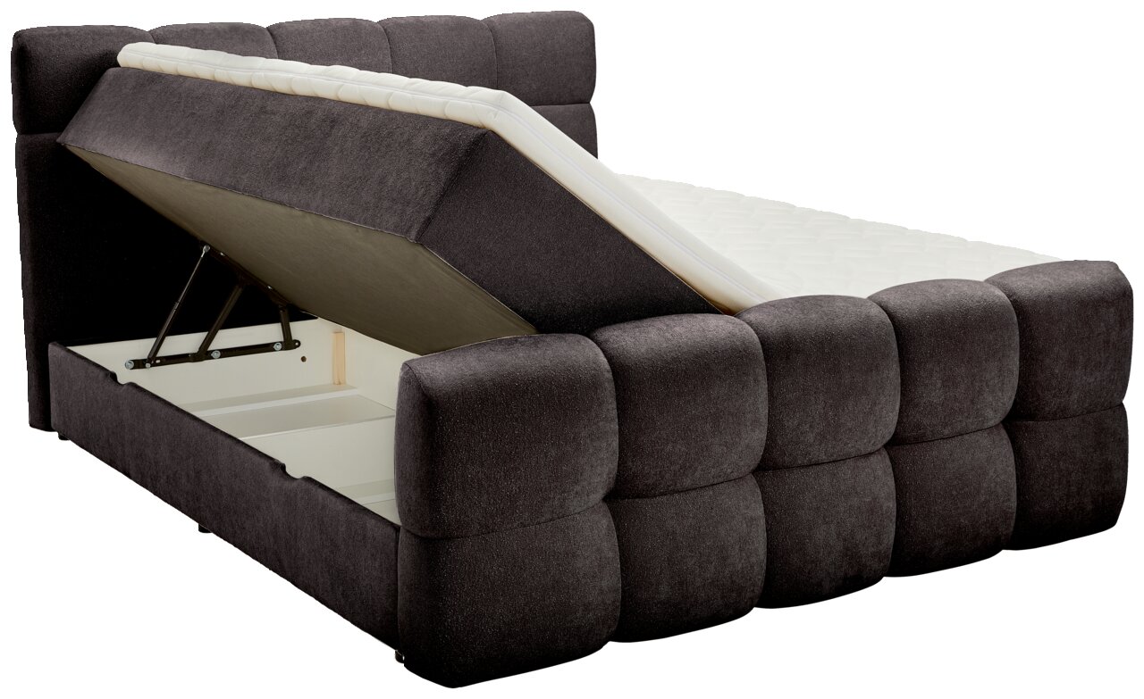 Boxbett mit hochgeklappter Matratze und Stauraum, seitliche Perspektive