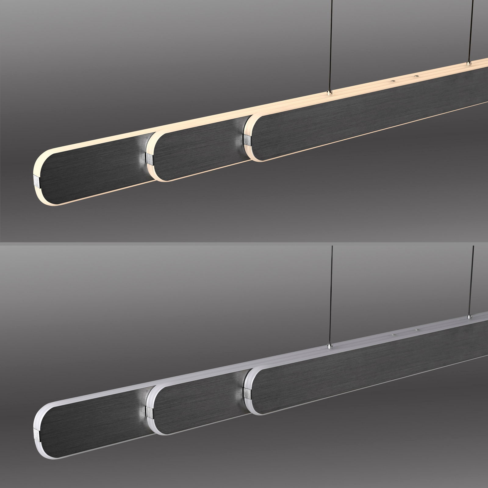 Moderne Pendelleuchte ADRIANA ROUND von Paul Neuhaus in seitlicher Perspektive, mit elegantem, langem Design und abgerundeten Kanten.