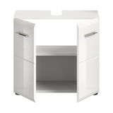 Weißer Waschbeckenunterschrank mit zwei geöffneten Türen, Frontansicht