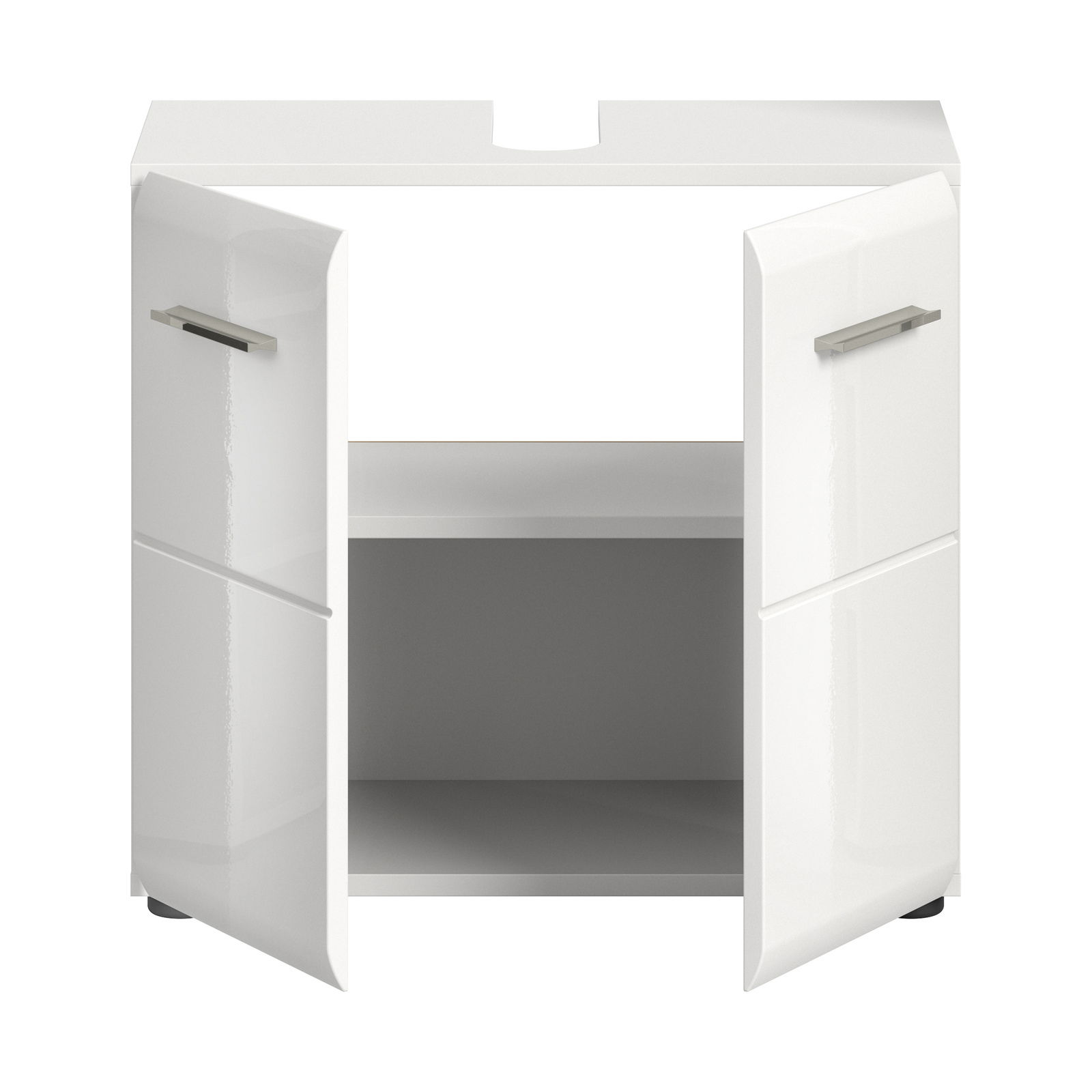 Weißer Waschbeckenunterschrank mit zwei geöffneten Türen, Frontansicht