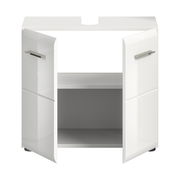 Weißer Waschbeckenunterschrank mit zwei geöffneten Türen, Frontansicht