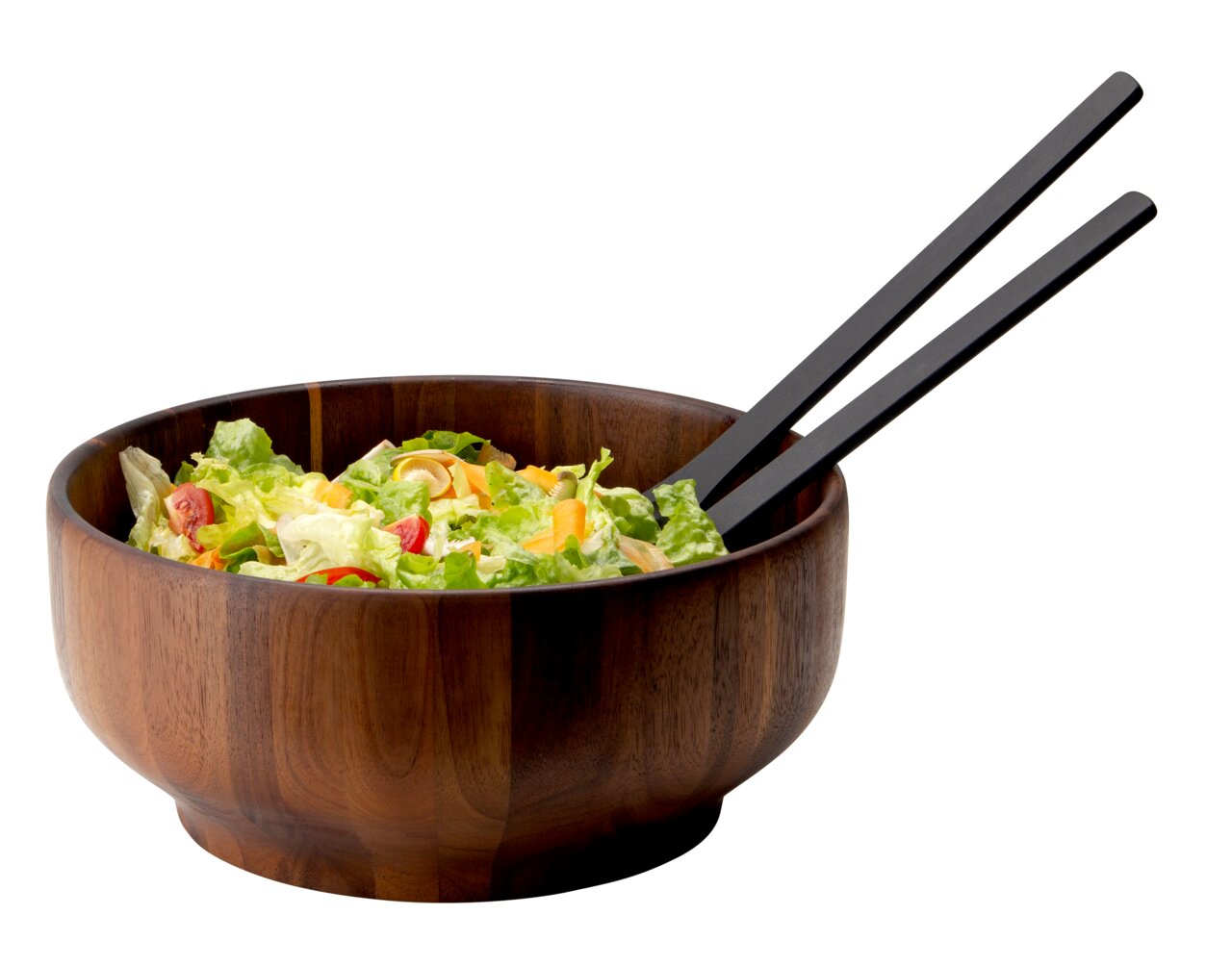 Holzschüssel aus Akazie mit Salat und schwarzen Stäbchen, seitliche Perspektive