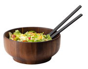 Holzschüssel aus Akazie mit Salat und schwarzen Stäbchen, seitliche Perspektive