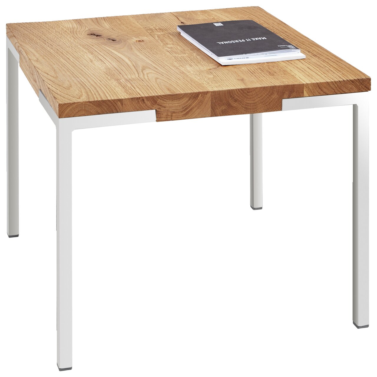 Moderner Beistelltisch mit Holzplatte und weißen Metallbeinen, seitliche Perspektive