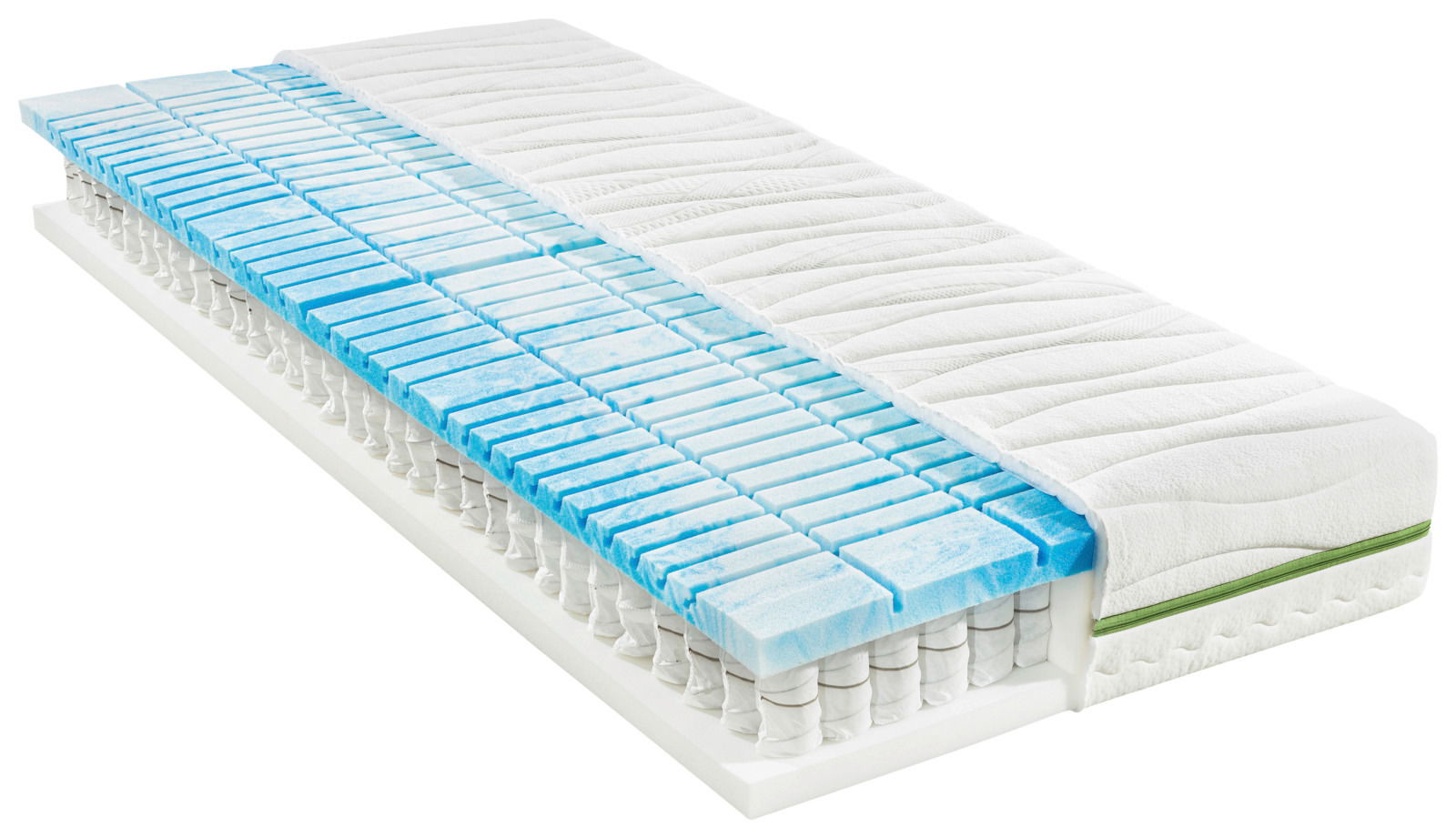 Querschnitt einer 7-Zonen-Gelart-TTFK-Matratze mit sichtbaren blauen Gel-Schichten und Taschenfederkern, perspektivisch von der Seite aufgenommen.