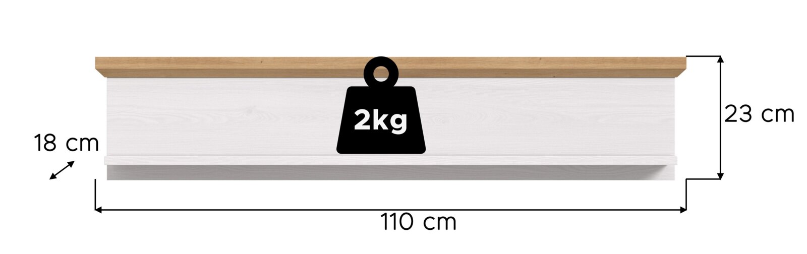 Frontale Ansicht eines Wandboards mit den Maßen 110 cm Breite, 23 cm Höhe und 18 cm Tiefe, belastbar bis 2 kg.