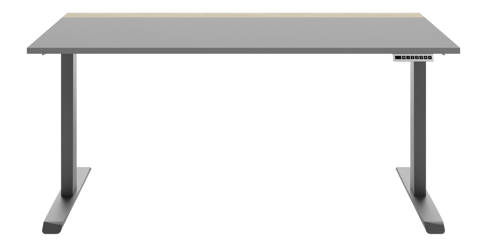 Moderner E-Schreibtisch in Frontalansicht mit grauer Tischplatte und schwarzem Gestell, ausgestattet mit einem Bedienfeld an der rechten Seite.