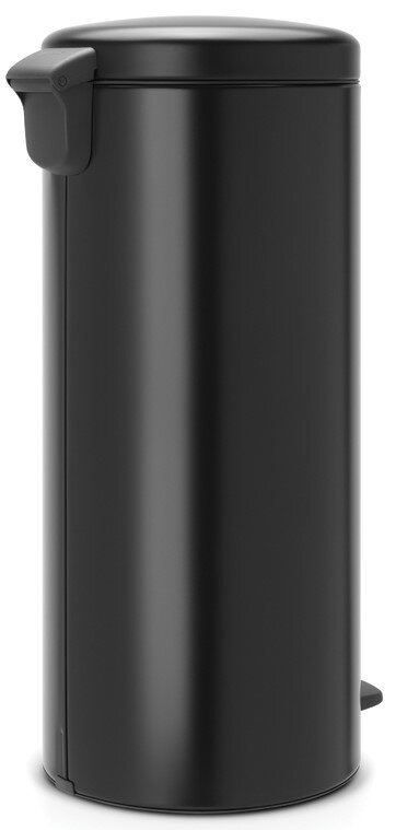 Schwarzer zylindrischer Treteimer aus seitlicher Perspektive