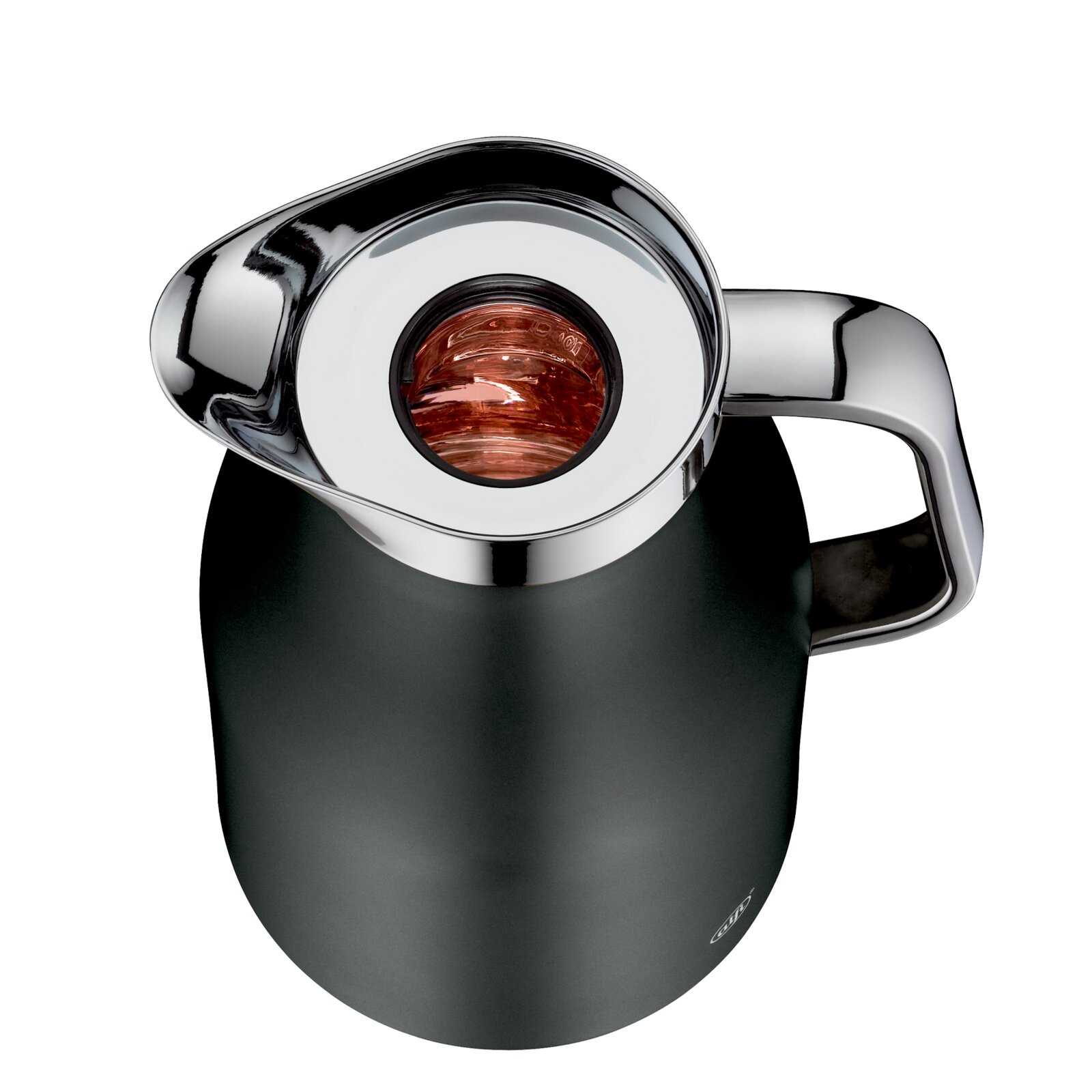 Ansicht von oben auf eine SKYLINE Thermoskanne in cool grey mit glänzendem Deckel und Griff, 1,0l