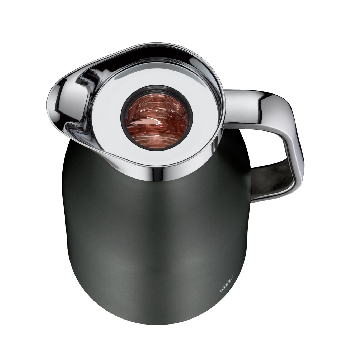 Ansicht von oben auf eine SKYLINE Thermoskanne in cool grey mit glänzendem Deckel und Griff, 1,0l