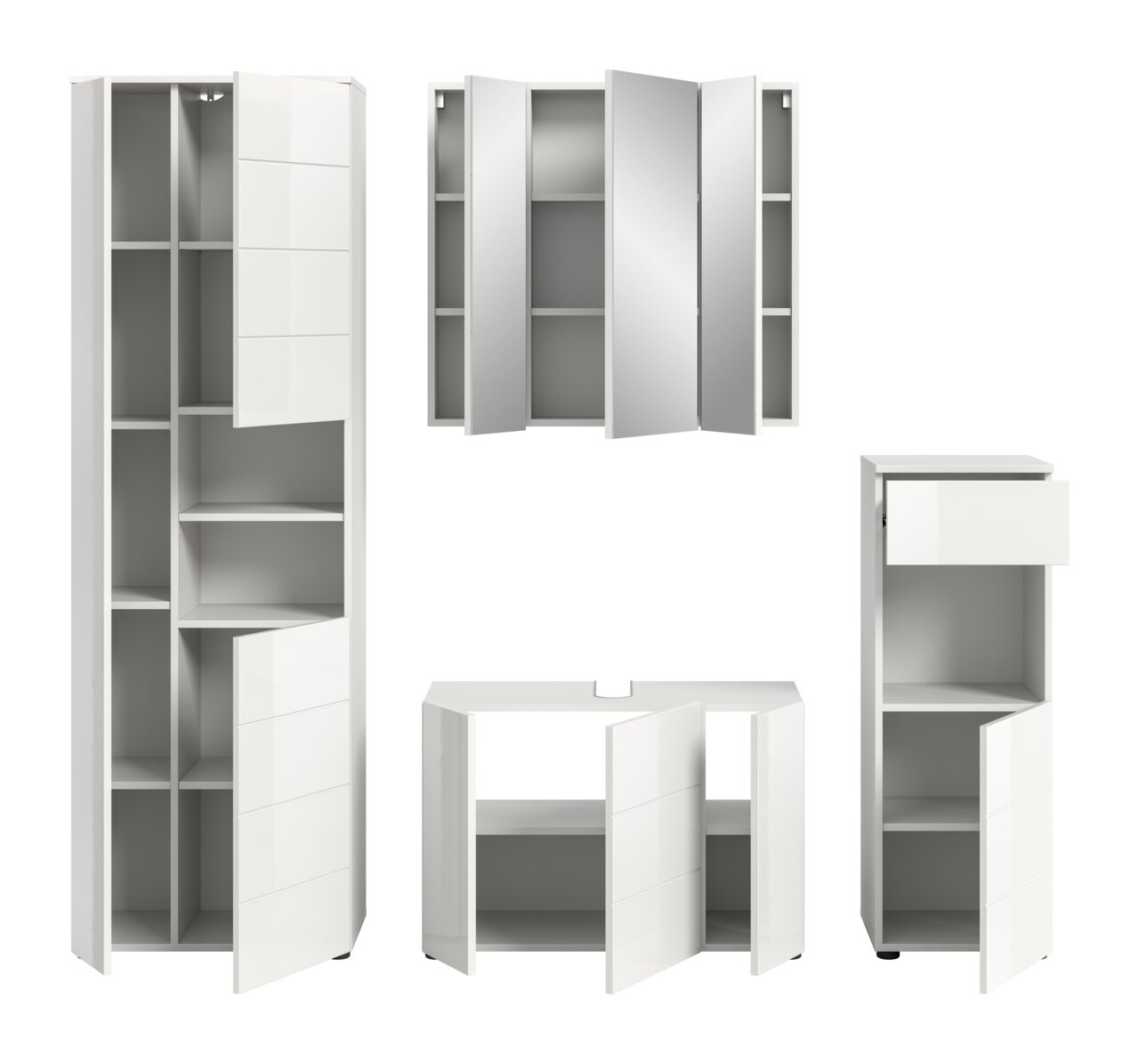 Weiße Badkombination bestehend aus einem hohen Schrank, einem Spiegelschrank und einem Unterschrank, frontal und seitlich abgebildet.