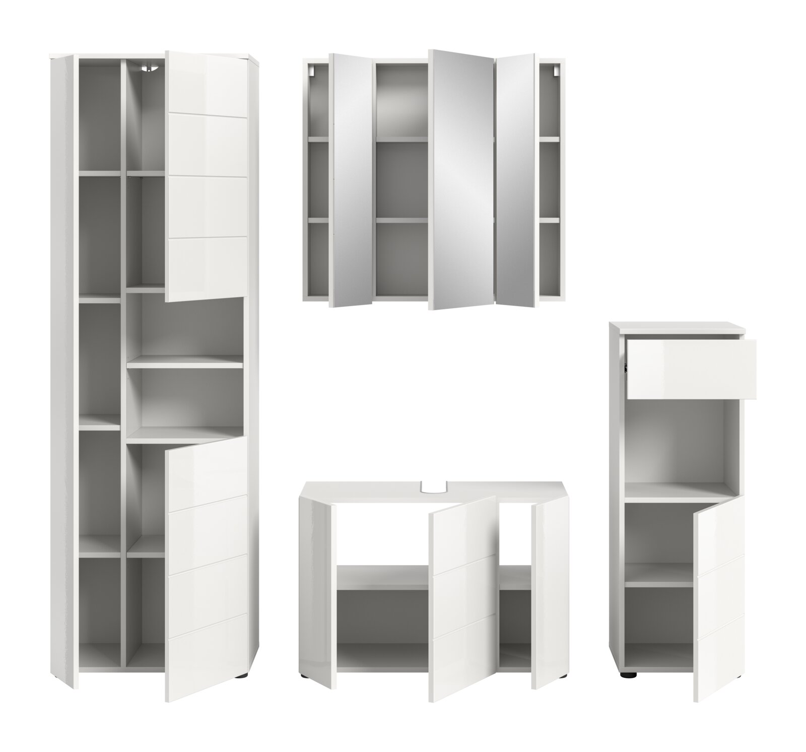 Weiße Badkombination bestehend aus einem hohen Schrank, einem Spiegelschrank und einem Unterschrank, frontal und seitlich abgebildet.