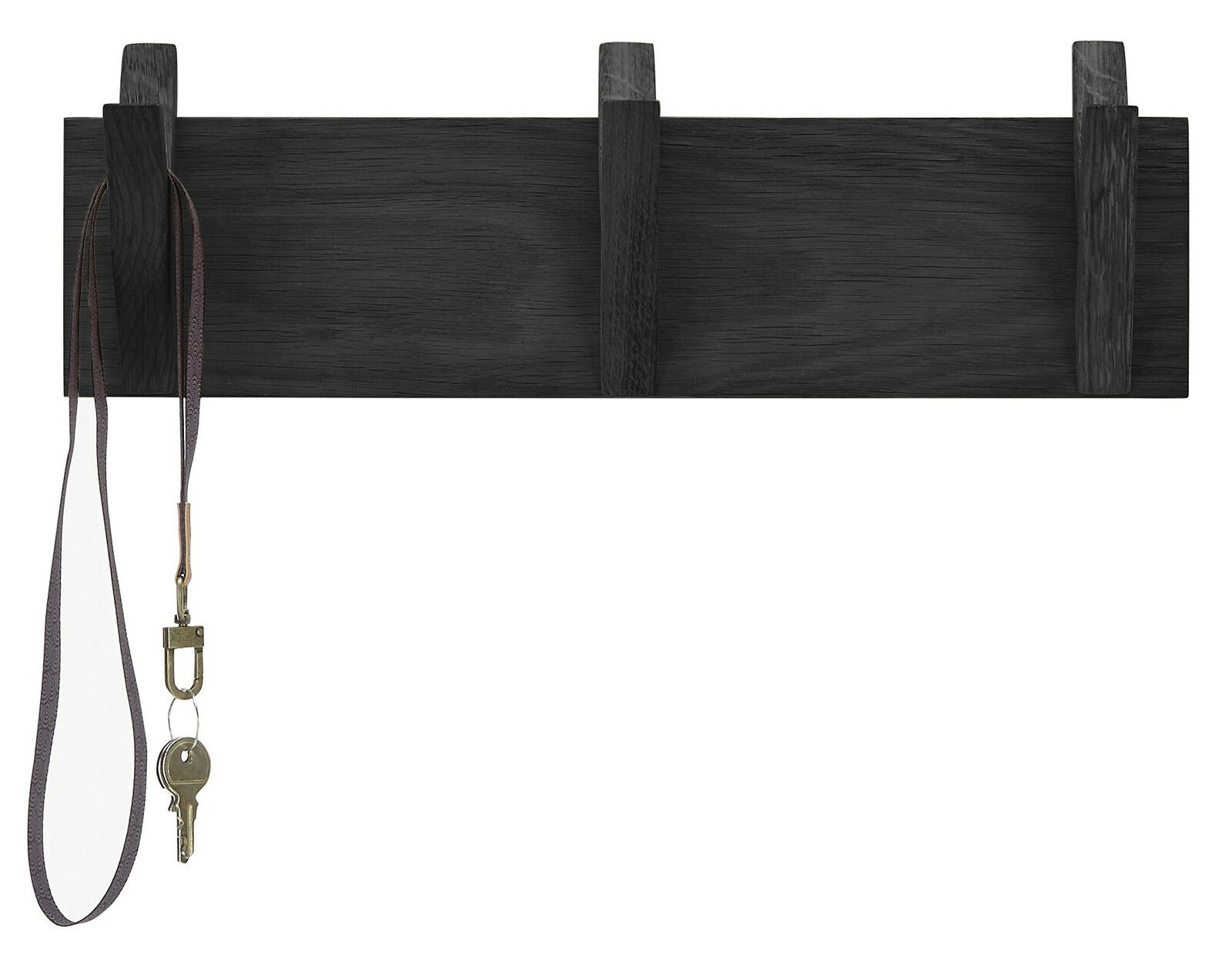 Schwarze Hakenleiste mit drei Haken, an einem hängt ein Schlüsselband mit Schlüsseln. Frontalansicht.