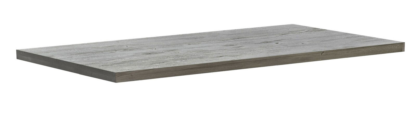 Graue Tischplatte mit Holzmaserung, perspektivisch von oben betrachtet