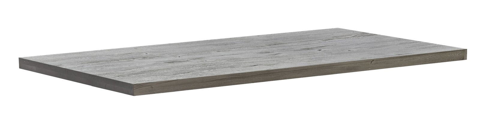 Graue Tischplatte mit Holzmaserung, perspektivisch von oben betrachtet