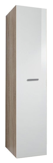 Apothekerschrank in Holzoptik mit weißer Tür, seitliche Perspektive