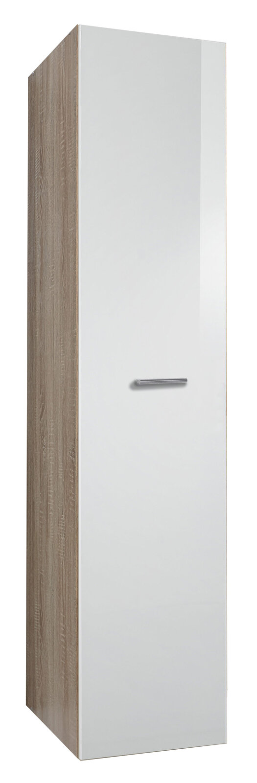 Apothekerschrank in Holzoptik mit weißer Tür, seitliche Perspektive