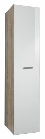 Apothekerschrank in Holzoptik mit weißer Tür, seitliche Perspektive