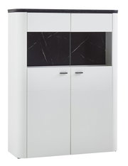 Frontansicht des Zurbrüggen Highboards WAVE in Weiß mit schwarzer Marmoroptik.