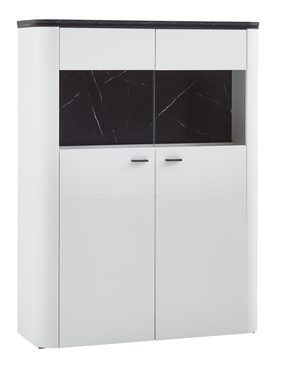 Zurbrüggen Highboard WAVE Frontansicht des Zurbrüggen Highboards WAVE in Weiß mit schwarzer Marmoroptik.