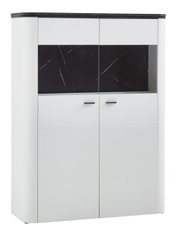 Frontansicht des Zurbrüggen Highboards WAVE in Weiß mit schwarzer Marmoroptik.